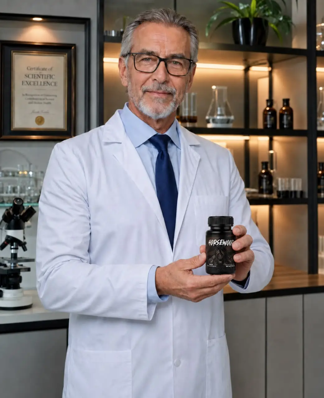 Doctor holding Horsewood bottle — research-informed male vitality formula